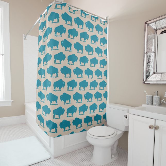 Southwestern Buffalo Pattern Turquoise & Beige Shower Curtain (In Situ)