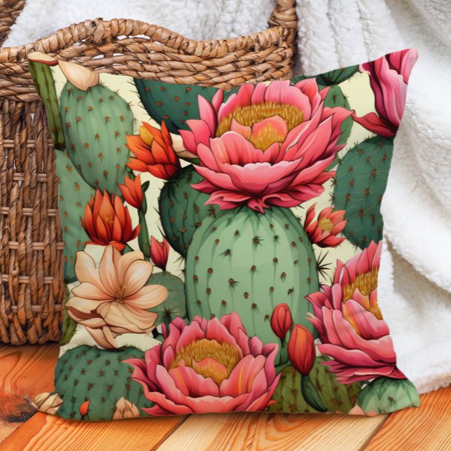 Southwestern Cactus Succulent Desert Botanical Cushion (Pink floral and cactus pillow)