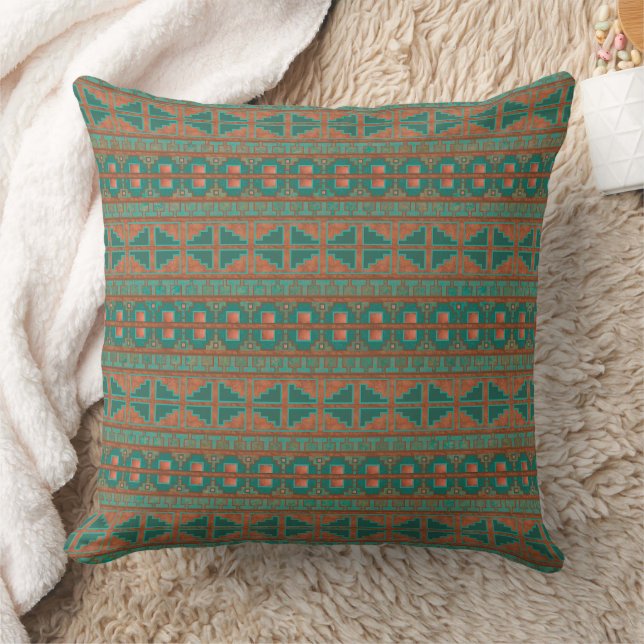 Southwestern Copper Teal Geometric Pattern 20in Cushion (Blanket)