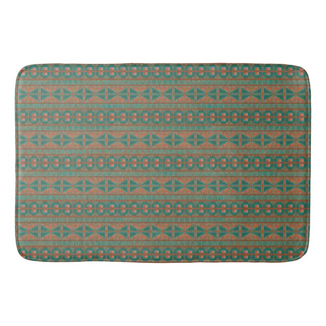 Southwestern Copper Teal Geometric Pattern Large Bath Mat (Front)