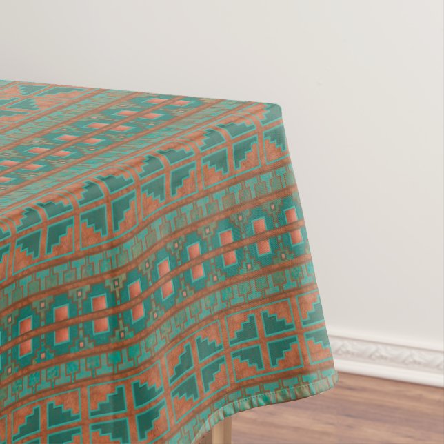 Southwestern Copper Teal Geometric Pattern Medium Tablecloth (In Situ)