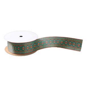 Southwestern Copper Teal Geometric Pattern Satin Ribbon