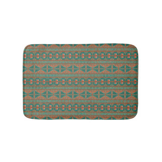 Southwestern Copper Teal Geometric Pattern Small Bath Mat (Front)