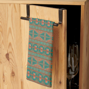 Southwestern Copper Teal Geometric Pattern Tea Towel