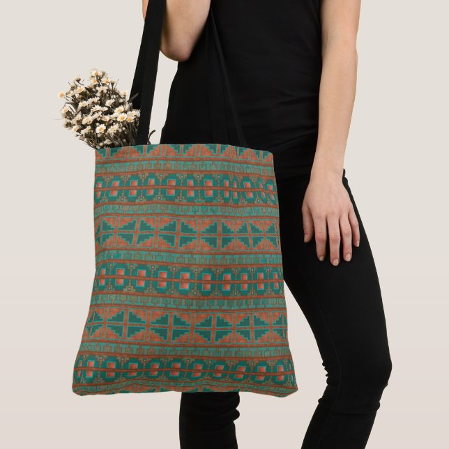 Southwestern Copper Teal Geometric Pattern Tote Bag (Close Up)