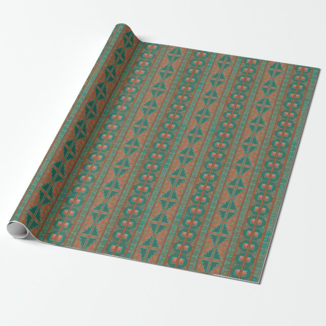 Southwestern Copper Teal Geometric Pattern Wrapping Paper (Unrolled)