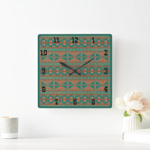 Southwestern Copper Teal Geometric Western Numbers Square Wall Clock