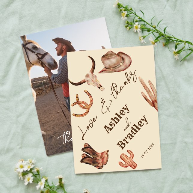 Southwestern country ranch wedding photo thank you RSVP card (Creator Uploaded)