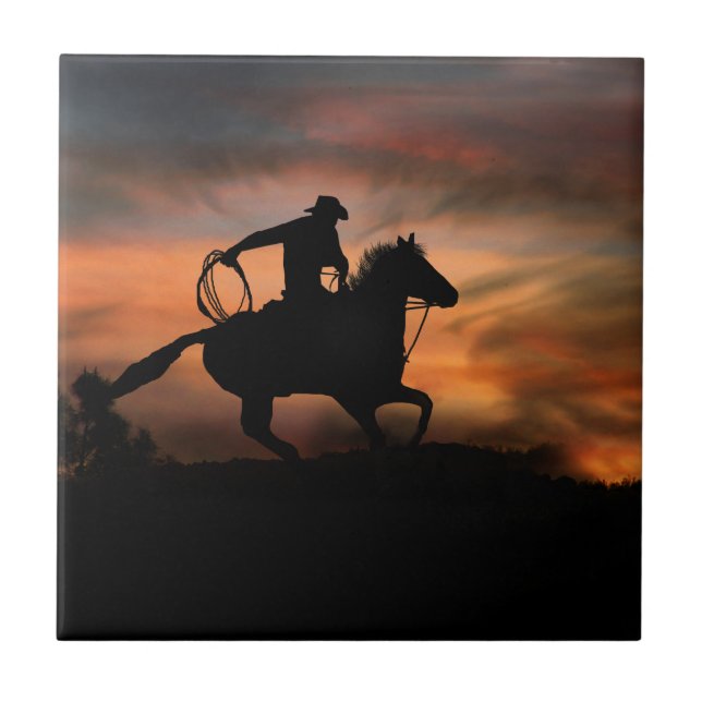 Southwestern Cowboy and Horse In the Sunset Tile (Front)