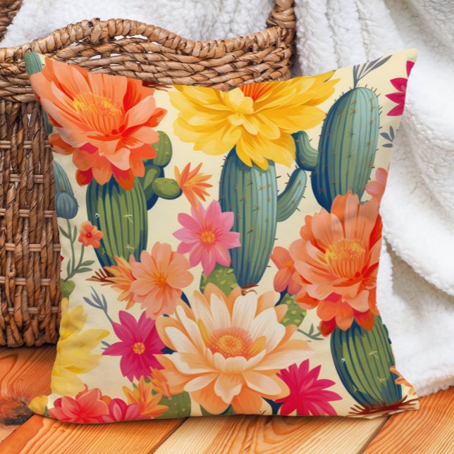Southwestern Desert Cactus Orange Yellow Green Cushion (Cactus and colorful yellow and orange flowers pillow)