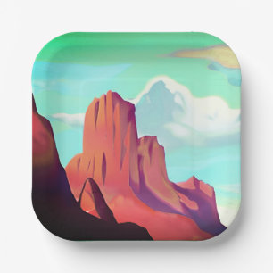 Southwestern Desert with Mountains Minimalist Art Paper Plate