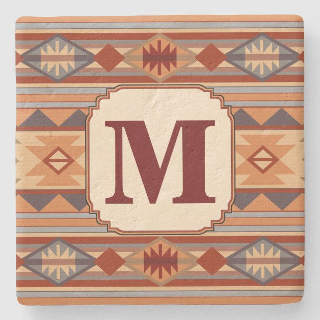 Southwestern Design Tan Monogram Stone Coaster (Front)