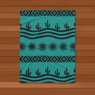 Southwestern Design Teal And Black Fleece Blanket