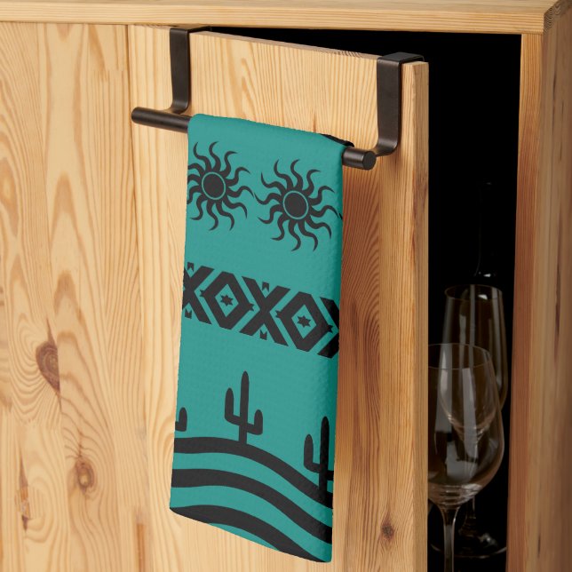 Southwestern Design Teal And Black Kitchen Towels (Thirds Fold)