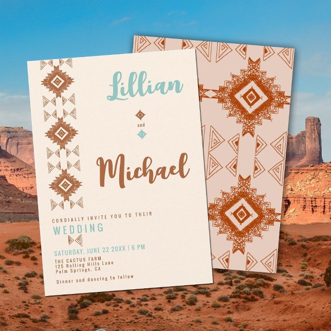 Southwestern Dream Country Desert Western Wedding Invitation (southwestern desert cowboy western wedding invitation terracotta teal elegant rustic tribal pattern)