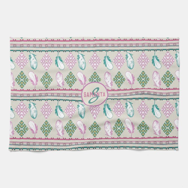 southwestern ethnic feathers pattern tea towel (Horizontal)