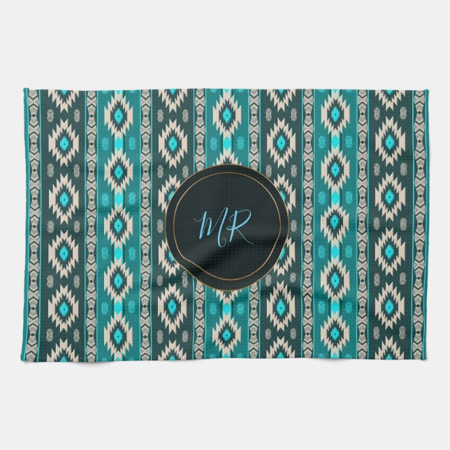 Southwestern ethnic  pattern. Monogram. Tea Towel (Horizontal)