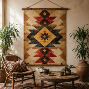 Southwestern Geometric Aztec Pattern Rust Red Gold Hanging Tapestry