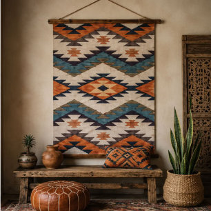 Southwestern Geometric Aztec Rust Orange Navy Hanging Tapestry