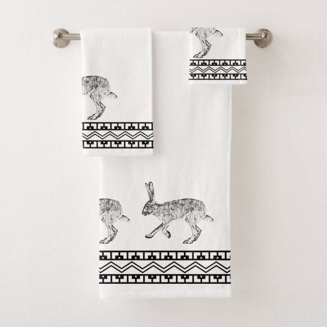 Southwestern Jackrabbit and Geometric Mountains Bath Towel Set (Insitu)