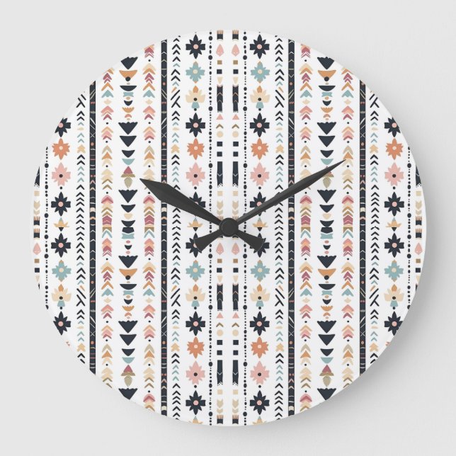 Southwestern Navajo Inspired Geometric Cream Teal  Large Clock (Front)