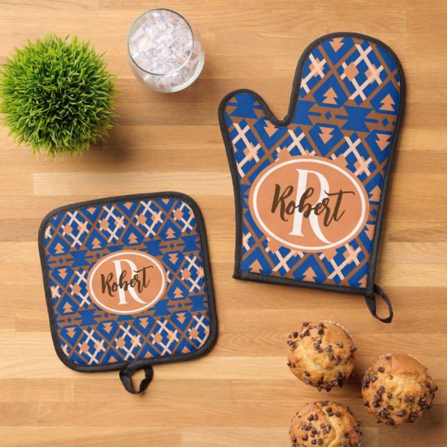 Southwestern Oasis Aztec Geometric Oven Mitt & Pot Holder Set (Top Down)