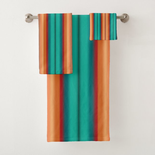 Southwestern Orange Red Turquoise Rainbow Stripes Bath Towel Set (Insitu)