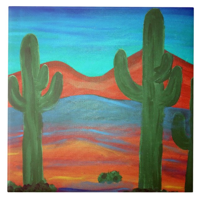 Southwestern Saguaro Sunset Painting Tile (Front)