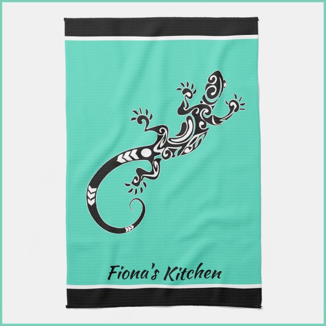 Southwestern Sea Green and Black Gecko Tea Towel (Creator Uploaded)