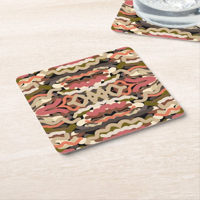 Southwestern Squiggly Wiggly Earth Tone Abstract  Square Paper Coaster (Angled)