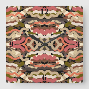 Southwestern Squiggly Wiggly Earth Tone Abstract Square Wall Clock
