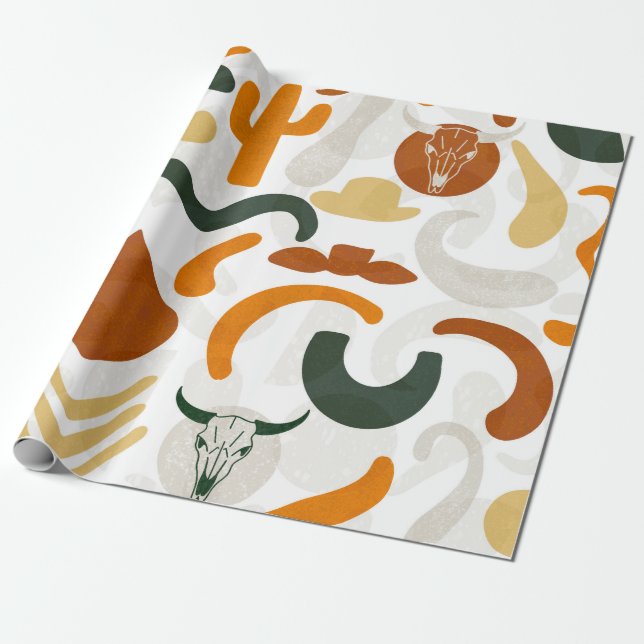 Southwestern style cactus bull skull cowboy hat  wrapping paper (Unrolled)