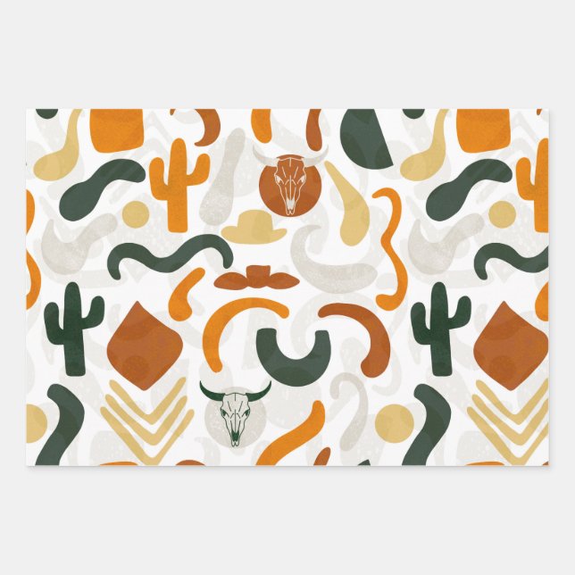 Southwestern style cowboy cactus bull skull  wrapping paper sheet (Front)