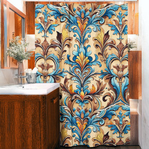 Southwestern Style Symmetrical Motif Tan Turquoise Shower Curtain