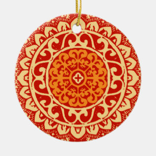 Southwestern Sun Mandala Batik, Coral Orange   Ceramic Tree Decoration