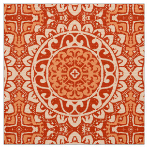 Southwestern Sun Mandala Batik, Coral Orange Fabric