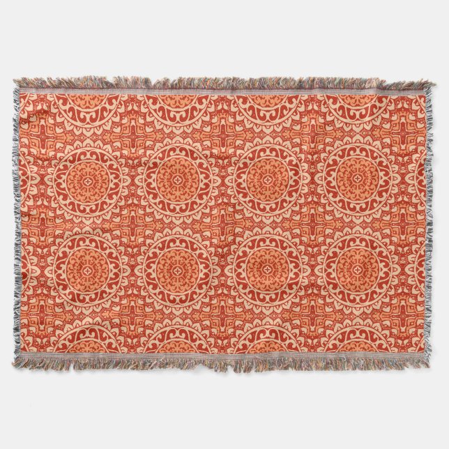 Southwestern Sun Mandala Batik, Coral Orange Throw Blanket (Front)