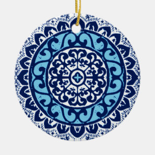 Southwestern Sun Mandala Batik, Navy Blue & White Ceramic Tree Decoration
