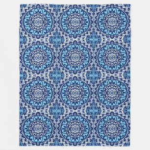 Southwestern Sun Mandala Batik, Navy Blue & White Fleece Blanket