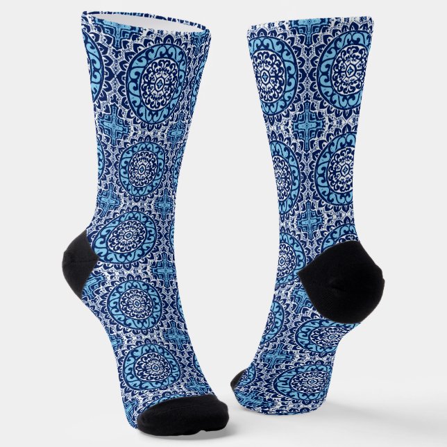 Southwestern Sun Mandala Batik, Navy Blue & White  Socks (Angled)
