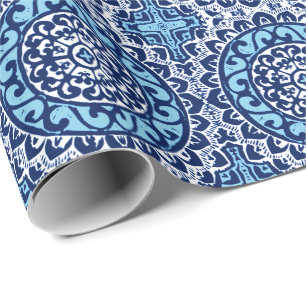 Southwestern Sun Mandala Batik, Navy Blue & White Wrapping Paper