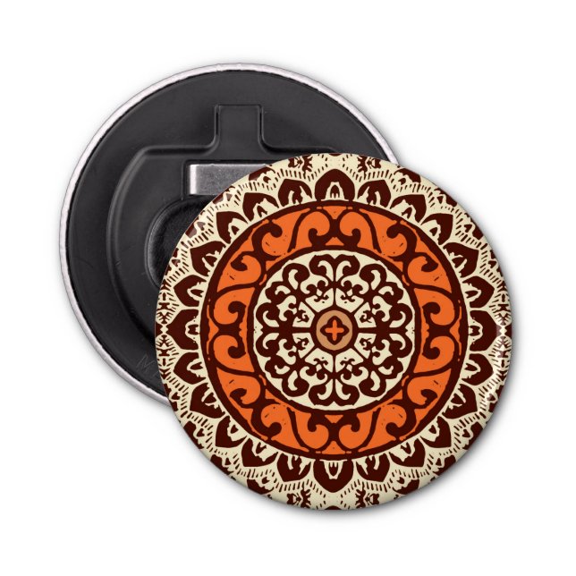Southwestern Sun Mandala Batik, Rust & Brown Bottle Opener (Front)