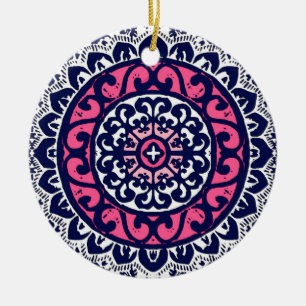 Southwestern Sun Mandala, Fuchsia, Navy & White Ceramic Tree Decoration