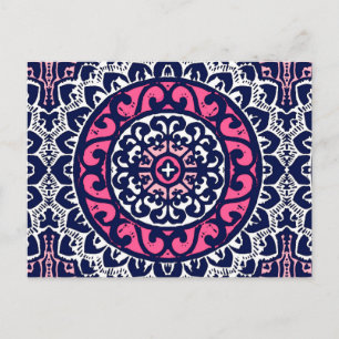 Southwestern Sun Mandala, Fuchsia, Navy & White Postcard