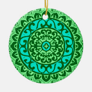 Southwestern Sun Mandala, Green and Turquoise  Ceramic Tree Decoration