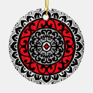 Southwestern Sun Mandala, Red, Black & White  Ceramic Tree Decoration