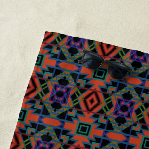 Southwestern Symmetrical Tiled Pattern Line Art Beach Towel