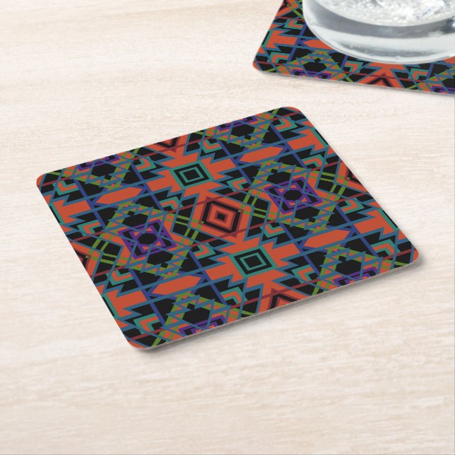 Southwestern Symmetrical Tiled Pattern Line Art Square Paper Coaster (Angled)