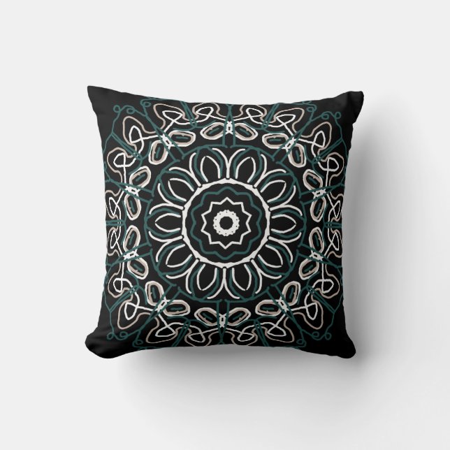 Southwestern Teal Beige Scribble Design on blk Cushion (Front)