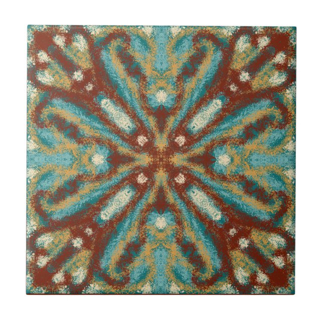 Southwestern Teal Brown Kaleidoscope Tile (Front)